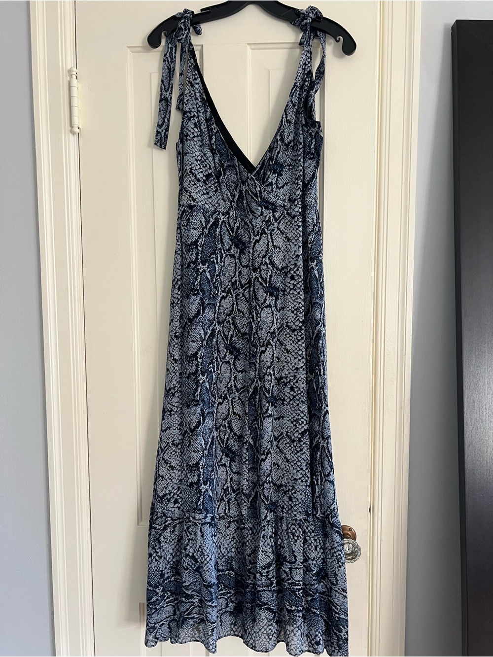 Reformation Blue Snake-Print Midi Dress with Tie Shoulders